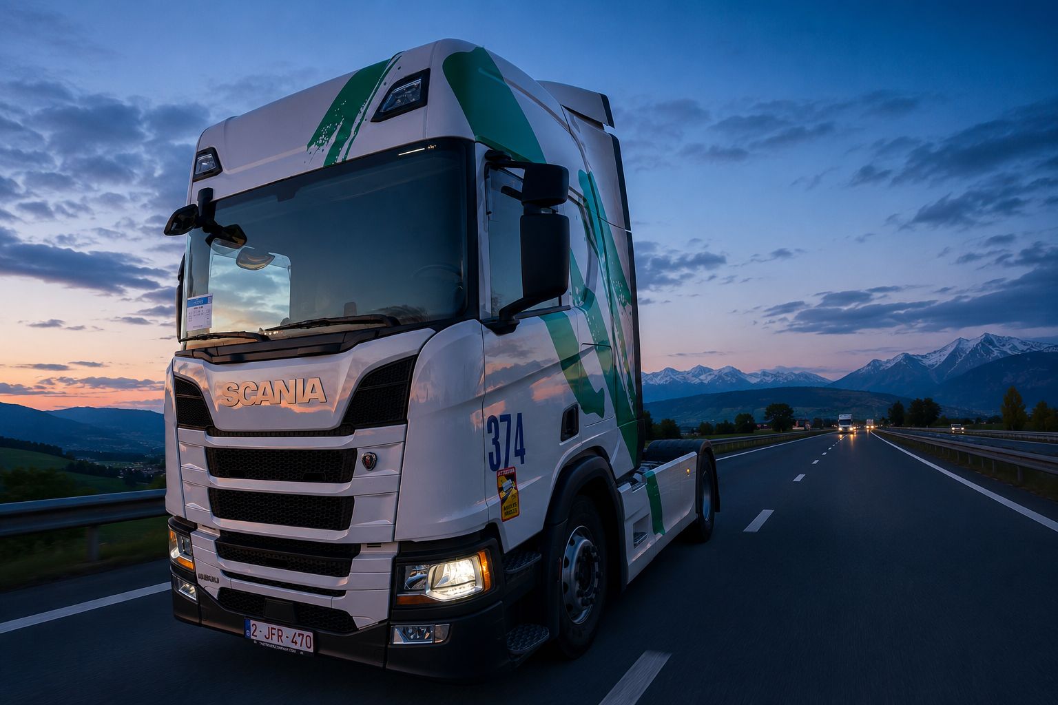 Tracteur Scania de BT prêt pour un trajet international longue distance en Europe.